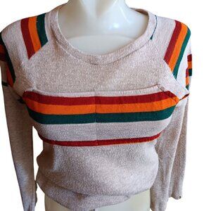 Small True Vintage Boho Rainbow Stripe Crop Drawstring Hem Shirt Top 1970's